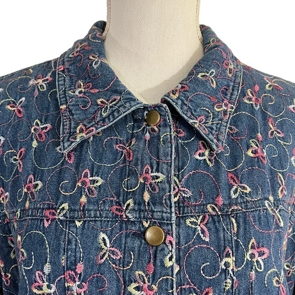 Leslie Fay Denim Shacket Floral Button Up Colorful Embroidery 100% Cotton Collar - Picture 4 of 13
